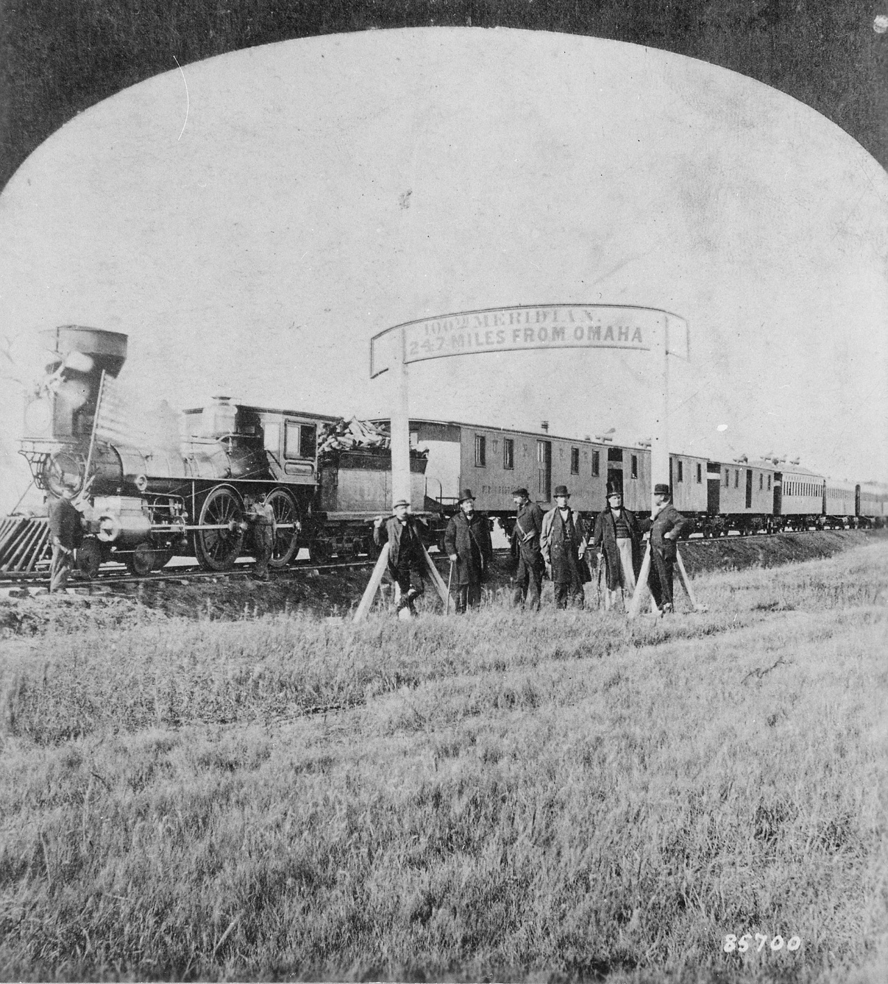 Directors of the Union Pacific Railroad gather on the 100th meridian, which later became Cozad, Nebraska. 